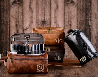 Gepersonaliseerde leren toilettas voor heren, cadeaus bruidsjonkers, gegraveerde dopp-kit, kerstcadeau voor hem, reistoilettas, leren accessoire