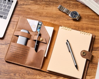 Lederne Notizbuchhülle mit Taschen, Leder personalisierte Journalhülle, nachfüllbare Journalhülle, benutzerdefinierte Notebookhülle A5, Notebookhülle