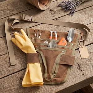 May include: A brown canvas gardening tool belt with multiple pockets, holding various gardening tools, including a trowel, hand rake, and pruning shears. A pair of yellow gardening gloves is tucked into the belt. The belt has a tan strap and buckle.