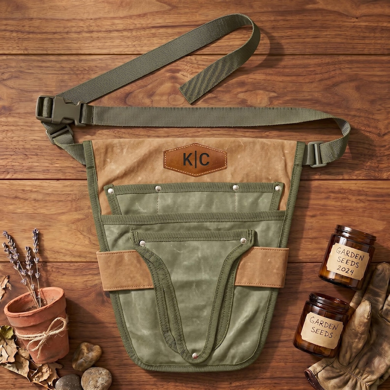 May include: A personalized garden tool belt in olive green and tan canvas with a brown leather patch. The belt has multiple pockets and an adjustable strap. Two jars of garden seeds and a pair of gardening gloves are also visible.