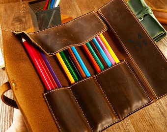 Leather Artist Roll, Pencil Roll Case, Leather Brush Roll, Leather Pencil Holder, Artist Tool Roll, Leather Pencil Roll, Paint Brush Holder