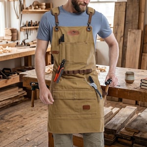 Personalized Heavy Duty Canvas Apron for Men | Custom Woodworking Apron with Pockets | Gift for Him | Fathers Day Gift | Workshop Shop Apron