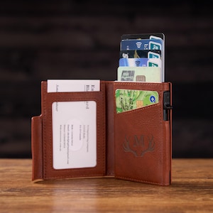 Slim Leather Front Pocket Wallet for Men, Automatic Card Dispenser with Money Clip and ID Window, Minimalist Bifold Credit Card Holder
