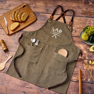 Custom BBQ Grilling Apron for Men | Personalized Thick Canvas Chef Apron | Grill Master Gift for Dad| Embroidered Kitchen Apron with Pockets