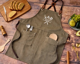 Delantal de barbacoa personalizado para hombre / Delantal de chef de lona gruesa personalizado / Regalo ideal para papá / Delantal de cocina bordado con bolsillos