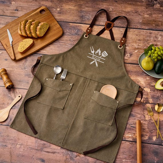 Custom BBQ Grilling Apron for Men | Personalized Thick Canvas Chef Apron | Grill Master Gift for Dad| Embroidered Kitchen Apron with Pockets