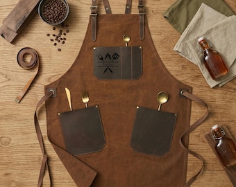 Personalized BBQ Apron for Men, Custom Canvas Chef Apron, PU Leather Pocket Grilling Apron, Grill Master Gift for Dad, Husband Kitchen Apron