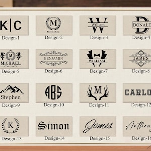 May include: A collection of sixteen rectangular designs with various monograms, names, and graphics. The designs are printed in black on a beige background. Each design is labeled with a number from 1 to 16.
