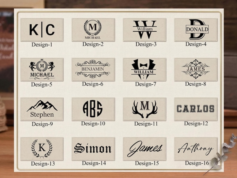 May include: A collection of sixteen rectangular designs with various monograms, names, and graphics. The designs are printed in black on a beige background. Each design is labeled with a number from 1 to 16.