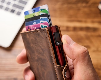Cartera de cuero desplegable, tarjetero mecánico RFID, cartera para hombre, regalos para él, cartera desplegable, cartera de cuero personalizada, regalo de aniversario
