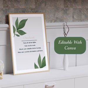 Paquete de letreros de bienvenida de Airbnb con diseño de hojas, personalizables, imprimibles, con reglas de la casa, para pagar alquileres, decoración en tamaño A4 y carta de EE. UU., descarga digital