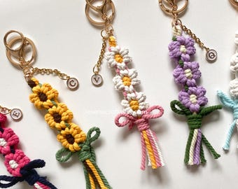Macrame Flower Keychain: Personalized Initial Bag Charm