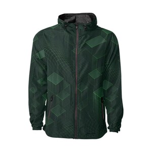 May include: Dark green windbreaker jacket with a geometric cube pattern. The jacket features a full-length zipper, a hood, and two front pockets. The design includes a grid-like pattern and various shades of green cubes.