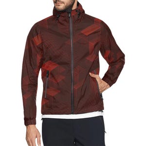 May include: A maroon hooded jacket with a geometric cube pattern. The jacket has a full-length zipper, two side pockets, and a drawstring hood. The design features a repeating pattern of red cubes and a black grid.