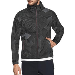 May include: Black hooded jacket with a geometric cube pattern. The jacket features a full-length zipper, a hood, and pockets. The design incorporates a grid-like structure over the cube pattern. The jacket is worn over a white shirt and black pants.
