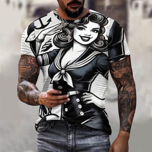 Men&#39;s 1940s Pin Up Art T-Shirt, Black and White Retro Pin Up Tee, Tattoo Art Shirt for Men, Vintage Form Fit Shirt, Cool Gift for Guys