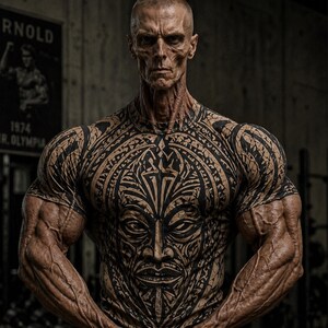Mens Polynesian Tribal T Shirt – Warrior Tattoo Style Fitted Tee, Athletic Slim Fit Shirt, Stretch Fit Tee, Form Fitting stretch fabric