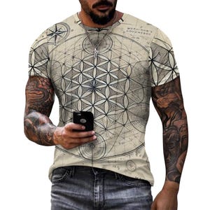 Camiseta para hombre con sabiduría antigua y geometría sagrada, estampado integral, mapas intrincados y flor de la vida inspirada en fractales, un regalo genial para él.