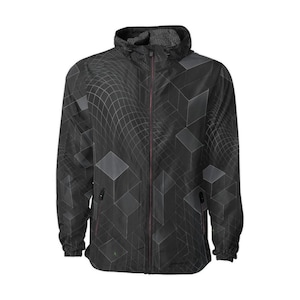 May include: Black hooded jacket with a geometric cube pattern. The jacket features a full-length zipper, two side pockets, and a mesh lining inside the hood. The design includes a grid-like pattern overlaying the cube shapes.