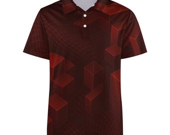 Rood 3D-kubuspoloshirt, Europese stijl, geometrische print