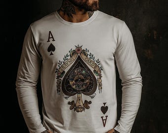 Camisa de manga larga con cartas de póker: camiseta gráfica para hombre, noche de juegos