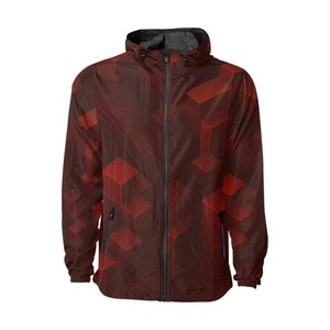 May include: A hooded jacket with a geometric pattern of red cubes and a dark red background. The jacket has a full-length zipper, two side pockets, and a black mesh lining in the hood.