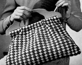 May include: A black and white checkered crocheted bag with a wooden handle.