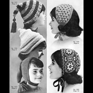 May include: Four different knitted hats, each with a unique design and style. The hats are shown on models with different hairstyles and facial expressions. The hats are all in black and white.