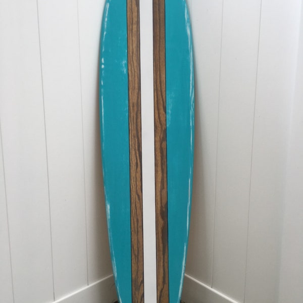 Distressed surfboard wall art. Sea Breeze Blue.