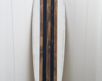 Surfboard wall art, surfboard wall hanging, &quot;faux&quot; antique distressed. Blue and white.