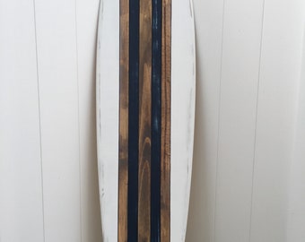 Surfboard wall art, surfboard wall hanging, "faux" antique distressed. Blue and white.