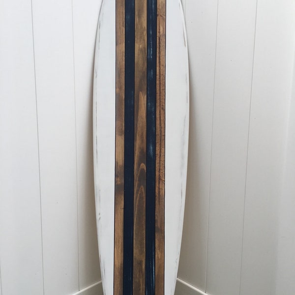 Surfboard wall art, surfboard wall hanging, "faux" antique distressed. Blue and white.