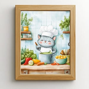 Póster Gato A4 A3 Cocinando Verduras, para Niños y Bebés