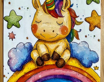Carte Licorne avec Arc-en-ciel A6 Carte Pliable Pour Naissance Baptême Carte Postale Carte Naissance Enfant