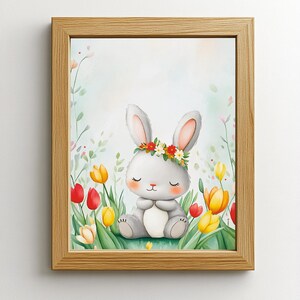 Poster Coniglio in un campo di fiori, primavera, per bambini e neonati