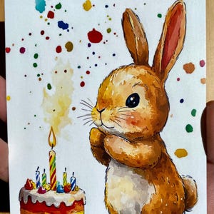 Postkarte Hase Torte Kuchen A6 Faltbare Karte Kindergeburtstag Postkarte Kinder  Geburtstag Geburtstagskarte Geburtstagsgeschenk Aquarell