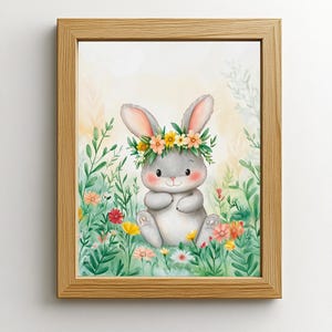 Poster Coniglio con corona di fiori, Primavera, per bambini e neonati