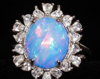 Sparkling blue Opal Ring, sterling silver with diamond accents , Handmade Jewelry, Vintage inspired, October Birthstone, Gift for Her, Rings