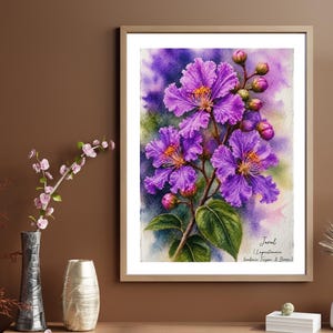 May include: A framed watercolor painting of vibrant purple Jarul flowers with ruffled petals, yellow stamens, and green leaves against a soft purple and blue wash background. The text Jarul (Lagerstroemia Loudonii Teijsm & Binn) is printed in the bottom right corner.