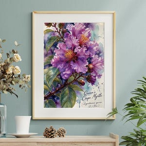May include: A framed watercolor print featuring vibrant purple Queen's Crape Myrtle flowers with ruffled petals, green leaves, and dark buds. The text "Queen's Crape Myrtle (Lagerstroemia speciosa (L.) Pers.)" is printed in the bottom right corner.