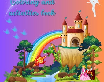 May include: A children's colouring and activity book titled "The Book of Storyes." The cover shows a fantasy scene with a castle, rainbow, dragon, and fairies. The book is recommended for ages 3 and up.
