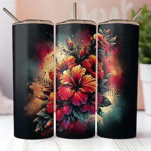 Red Orange Hibiscus Floral Tumbler Wrap 20 oz Skinny Tumbler Wrap Sublimation Design PNG Instant Digital Download