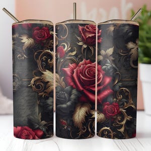 Elegante rote und schwarze Rosen Tumbler Wrap mit Gold Schriftrollen 20 Unzen Skinny Tumbler Sublimation Design Gothic Floral PNG Sofortiger digitaler Download