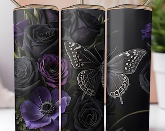 May include: A black and purple tumbler with a black butterfly and black roses. The tumbler has a stainless steel lid and a straw.