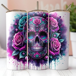Neon Sugar Skull Tumbler Wrap for 20 oz Skinny Tumbler Galaxy Roses Sublimation PNG Day of the Dead Skull Digital Download