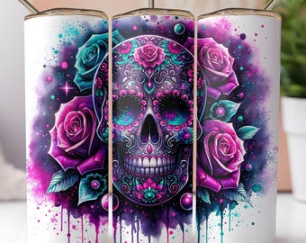 Neon Sugar Skull Tumbler Wrap for 20 oz Skinny Tumbler Galaxy Roses Sublimation PNG Day of the Dead Skull Digital Download