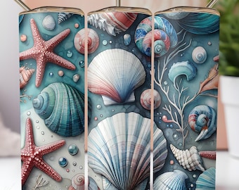 Ocean Seashell Tumbler Wrap PNG met zeester voor 20 oz Skinny Tumbler Sublimatie Design Instant Digitale Download