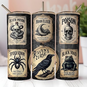 Halloween Apothecary Tumbler Wrap 20oz Skinny Sublimation PNG Digital Download Vintage Potion Labels Witch Raven Skull Spider Toad