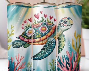 Floral Sea Turtle Tumbler Wrap for 20oz Skinny Tumbler Underwater Sublimation PNG Cute Ocean Animal Digital Download