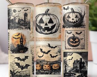 May include: A set of three Halloween-themed tumblers with stainless steel straws. Each tumbler features a collage of vintage-style illustrations, including jack-o'-lanterns, bats, haunted houses, and full moons. The color palette is primarily black and cream.